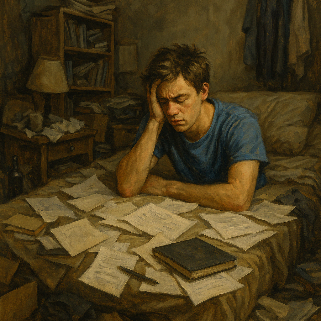 Stressed man burnt out from clutter.