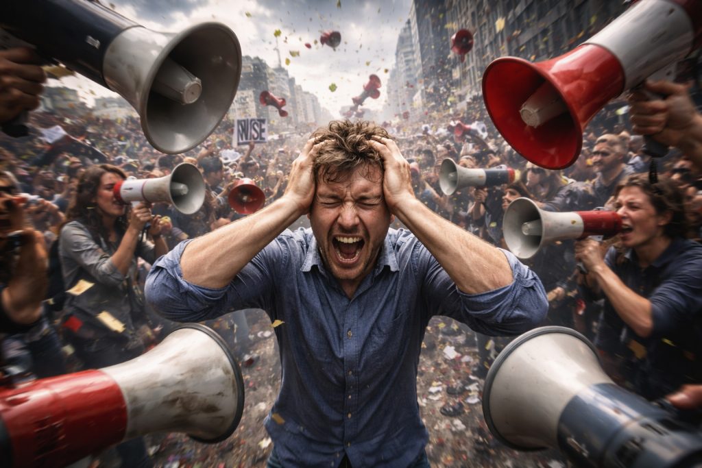 Man in the midst of a noisy and chaotic environment