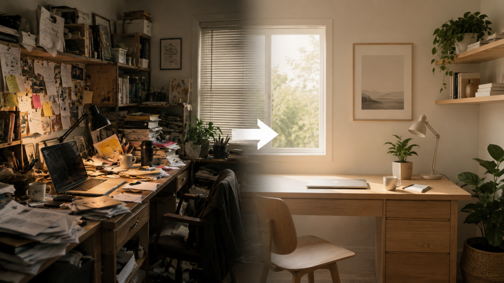 Cluttered workspace representing mental noise, distraction, stress, and the need for mental clarity