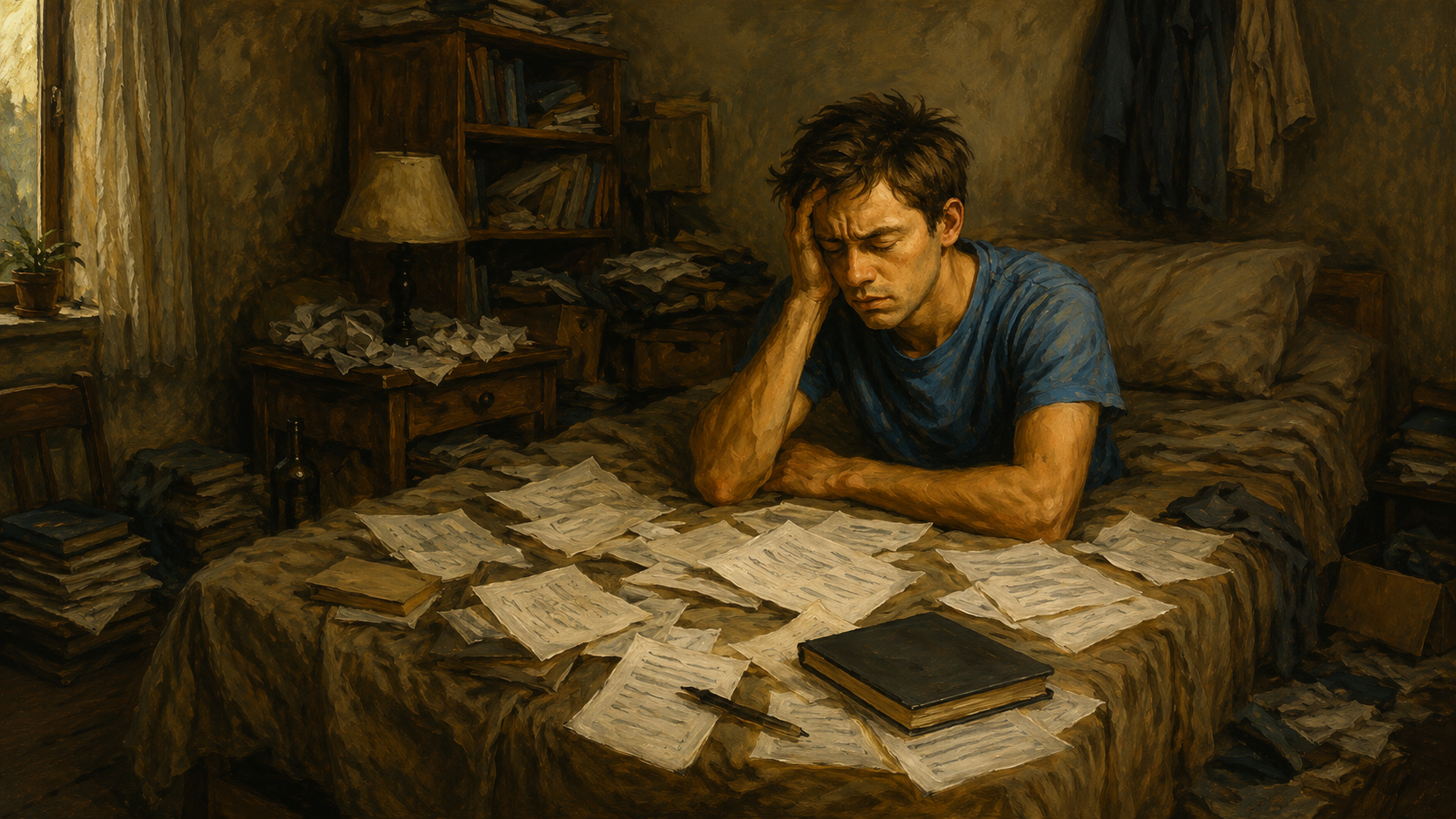 Overwhelmed person sitting among scattered papers in a cluttered room, symbolizing mental overload, chronic stress, and the impact of a chaotic environment on well-being and emotional health.