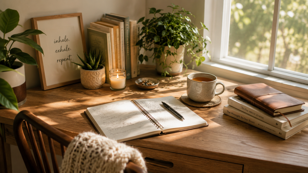 Organized workspace with soft light, journal, plant, and tea representing calm, focus, and mental clarity