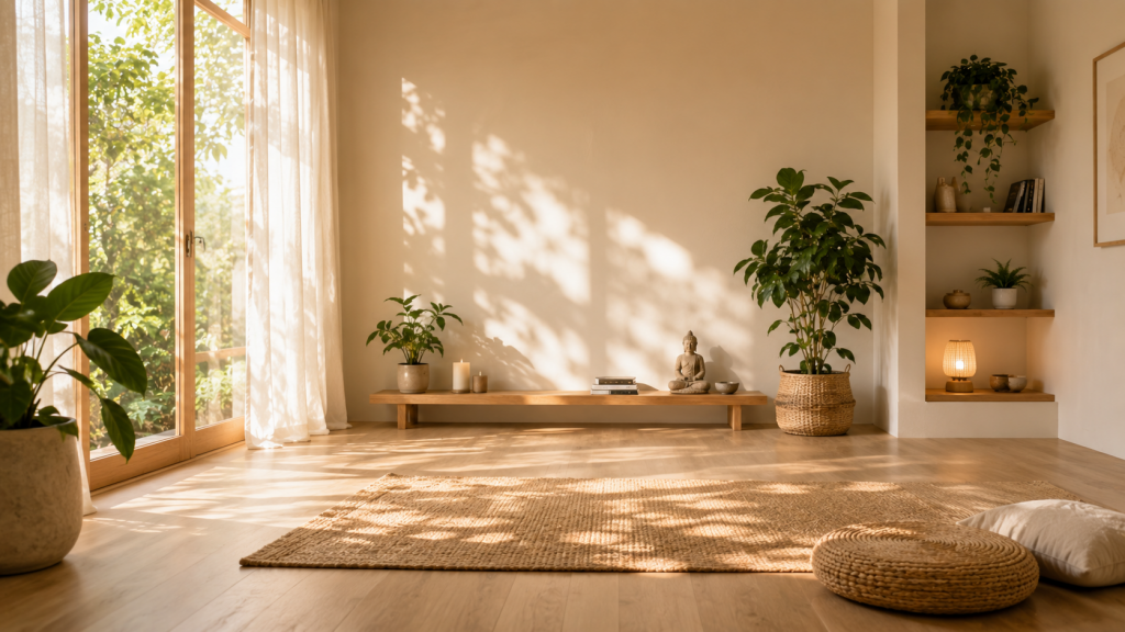 Calm minimalist room with natural light and plants representing inner balance, emotional clarity, and a peaceful healing environment
