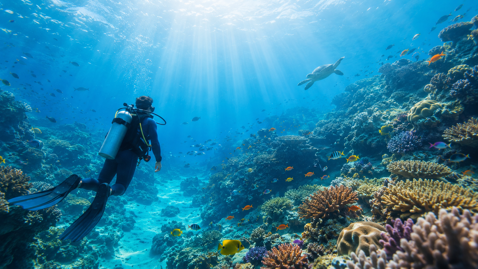 Scuba diver discovering clear waters, vibrant fish, coral, and hidden beauty beneath fear and uncertainty