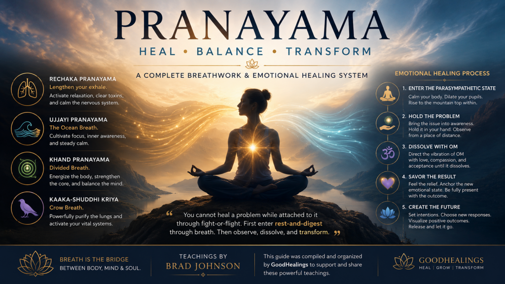Pranayama breathing infographic showing meditation, breathwork techniques, emotional healing practices, nervous system regulation, and Brad Johnson's Pranayama Healing Method for balance, vitality, and self-awareness.
