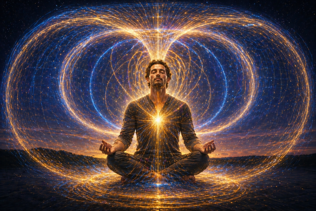 Man meditating cross-legged while surrounded by glowing golden energy patterns and flowing electromagnetic field lines, symbolizing presence, inner balance, spiritual connection, and energetic alignment.