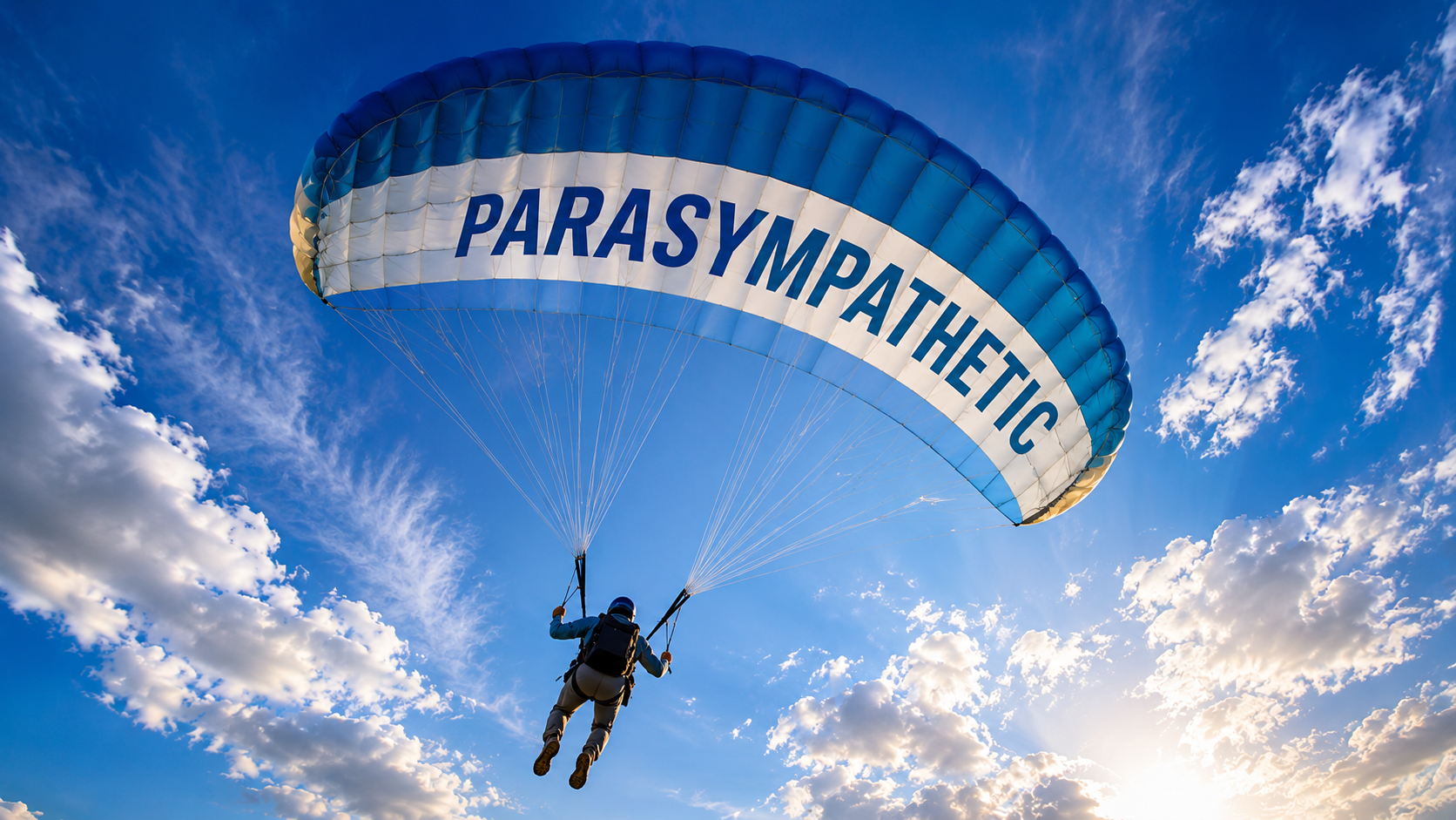 Parachute labeled "Parasympathetic" floating through a blue sky, representing nervous system regulation, breathwork, stress relief, relaxation, and the transition from fight-or-flight to a calm, balanced state.