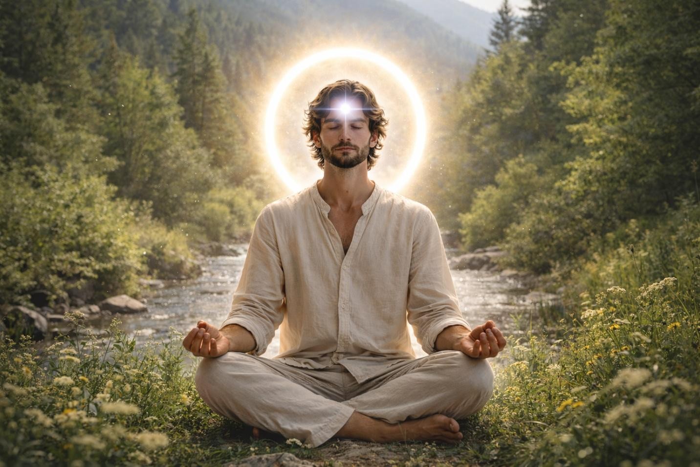Man meditating peacefully beside a flowing river in nature with a glowing halo of light surrounding his head, symbolizing presence, stillness, spiritual awareness, inner peace, and connection to the natural world.