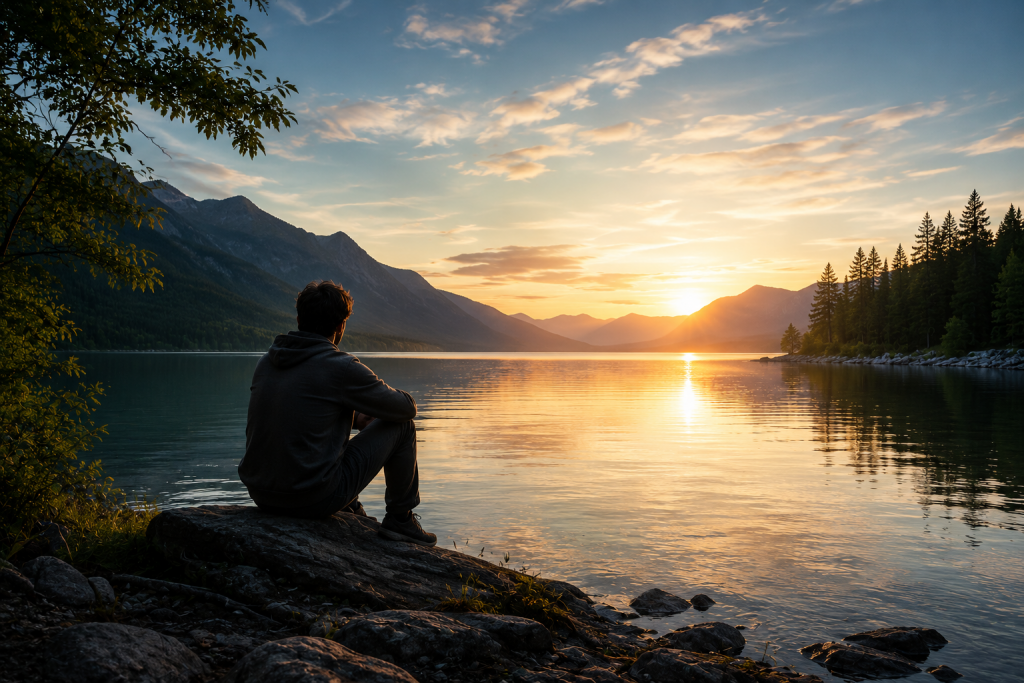 Man sitting quietly beside a calm mountain lake at sunset, reflecting in stillness and contemplation while surrounded by peaceful nature and golden evening light