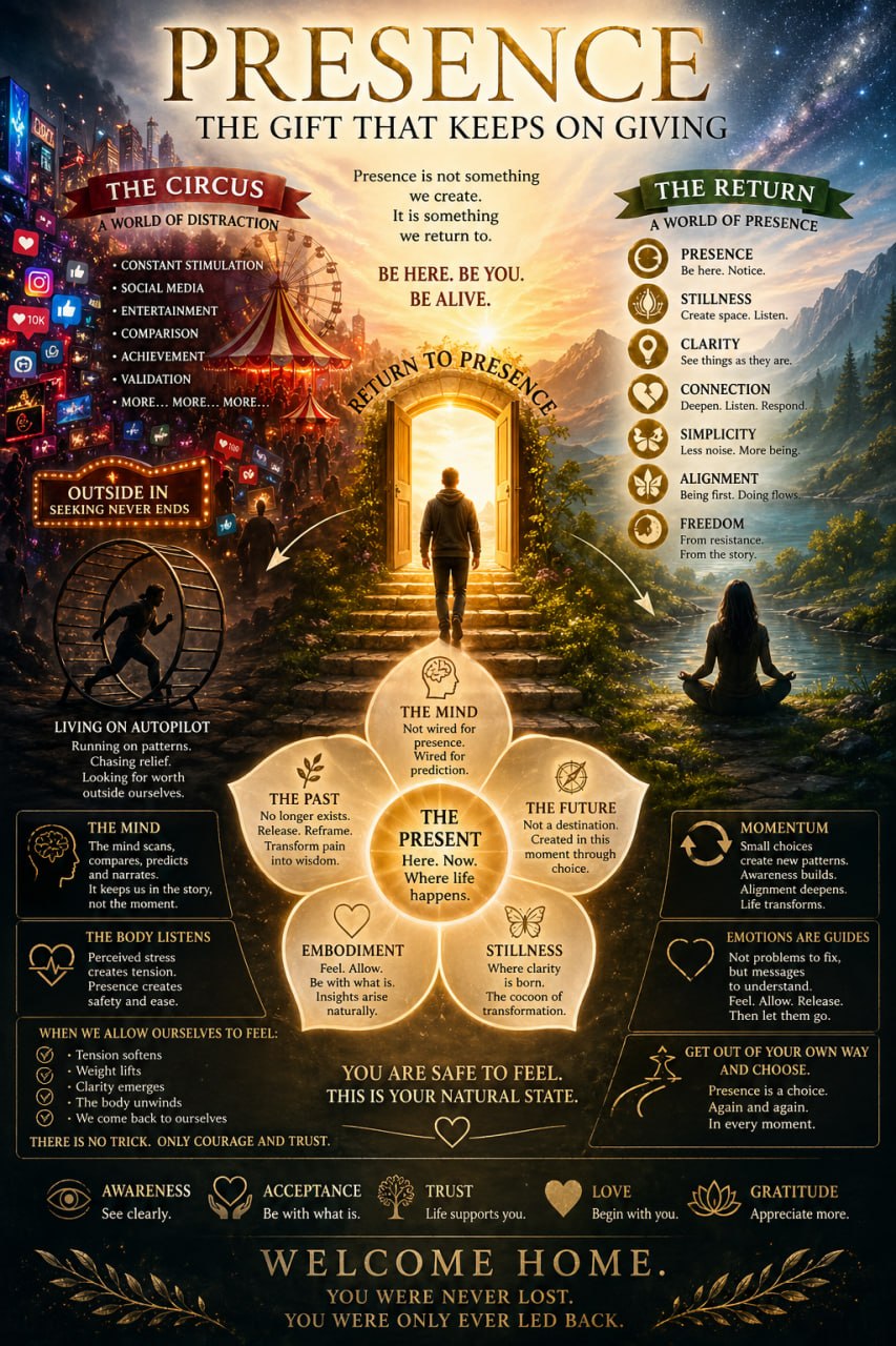 Illustrated infographic about returning to presence and inner stillness, showing a contrast between a chaotic world of distraction and a peaceful state of mindfulness. Features social media imagery, a circus representing overstimulation, a person walking through a glowing doorway into nature, and a meditating figure beside a calm river. Includes themes of embodiment, stillness, awareness, trust, gratitude, emotional healing, and reconnecting with the present moment.