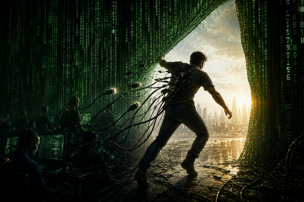 Person breaking free from a digital matrix-like system while disconnecting from cables and artificial control, symbolizing awakening, liberation, self-awareness, and reclaiming personal freedom