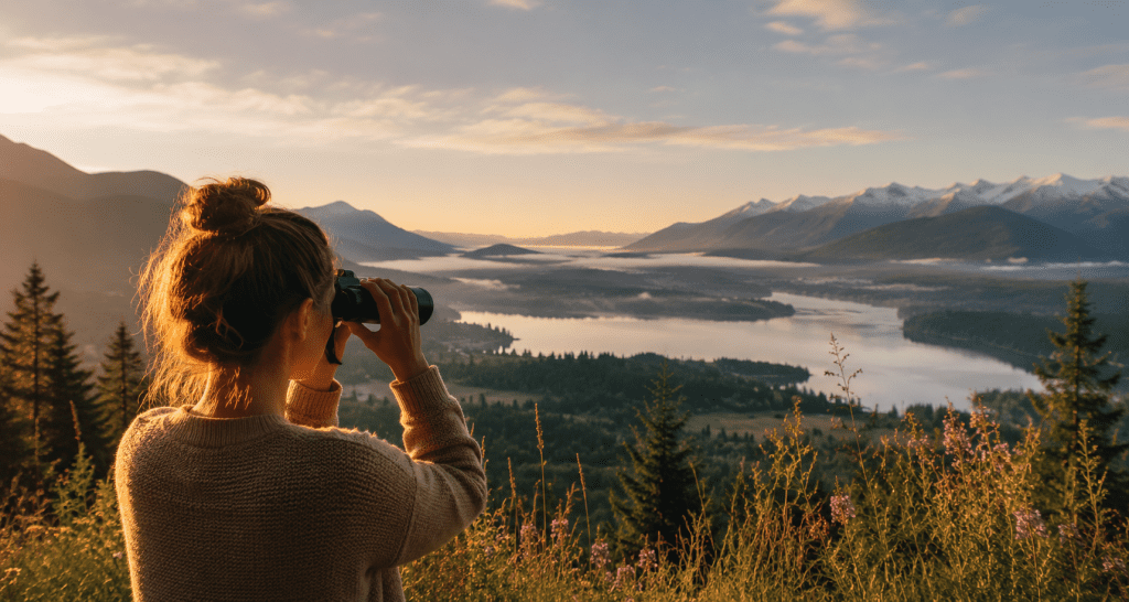 Person overlooking a peaceful mountain valley through binoculars during sunrise, symbolizing clarity, perspective, mindfulness, reflection, and seeing life with greater awareness