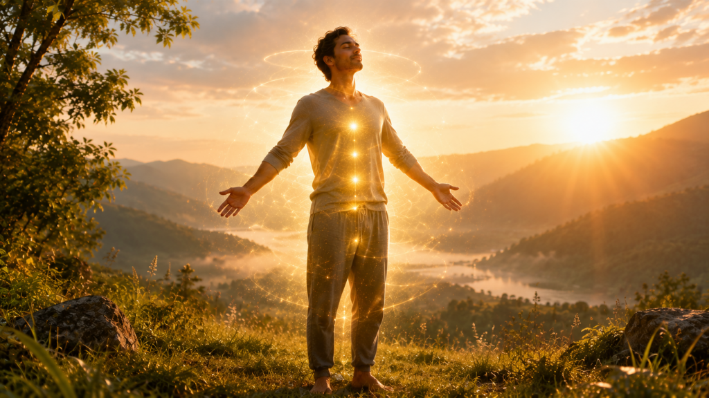 Person standing in morning light representing grounding, balance, vitality, and emotional steadiness after energy practice