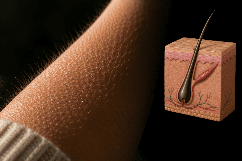 Close-up of goosebumps on skin with a hair follicle diagram, illustrating piloerection and the body’s nervous system response to chills or emotion.