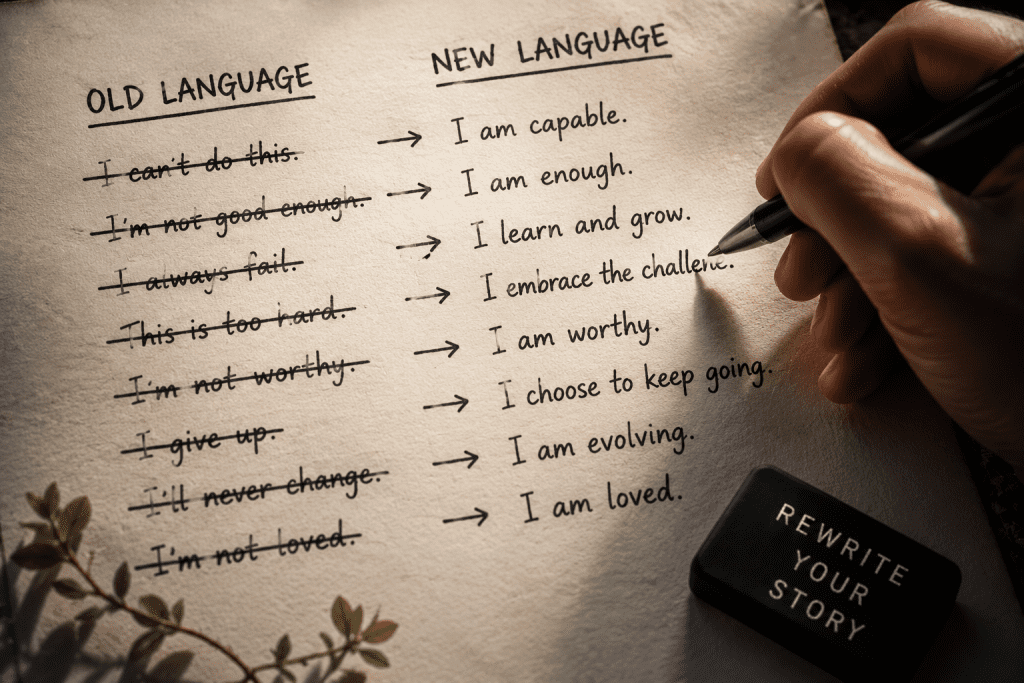 Hand rewriting negative self-talk into positive affirmations, showing old language transformed into new empowering statements for personal growth.