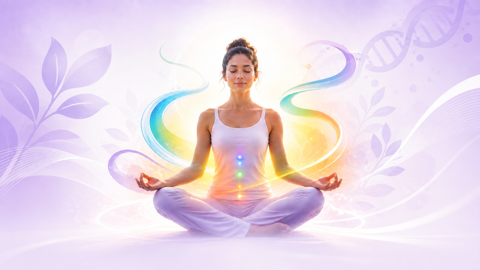 Woman meditating in soft energy light, representing presence, calm, grounding, and meditation practice
