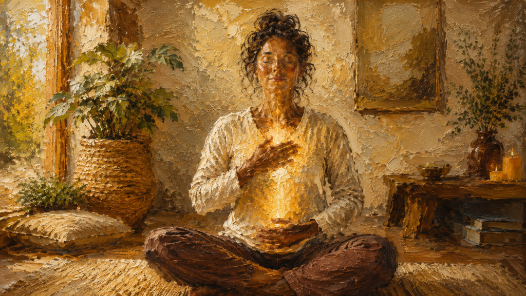 Meditating woman practicing pranayama breathwork with glowing heart and solar plexus energy centers, symbolizing emotional healing, mindfulness, nervous system regulation, inner peace, and conscious breathing.