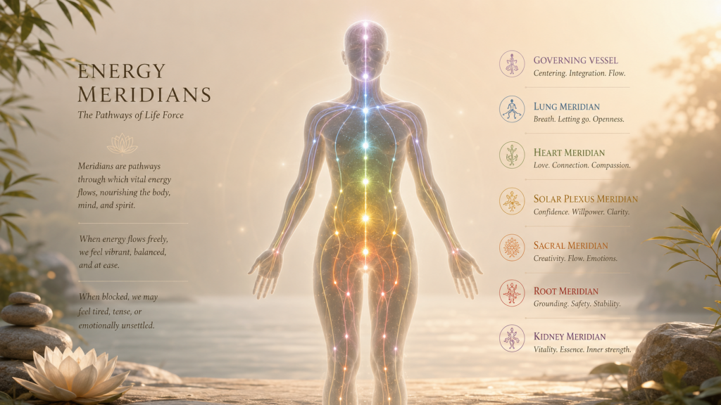 Energy meridian pathways representing vitality, balance, and the flow of life force through the body
