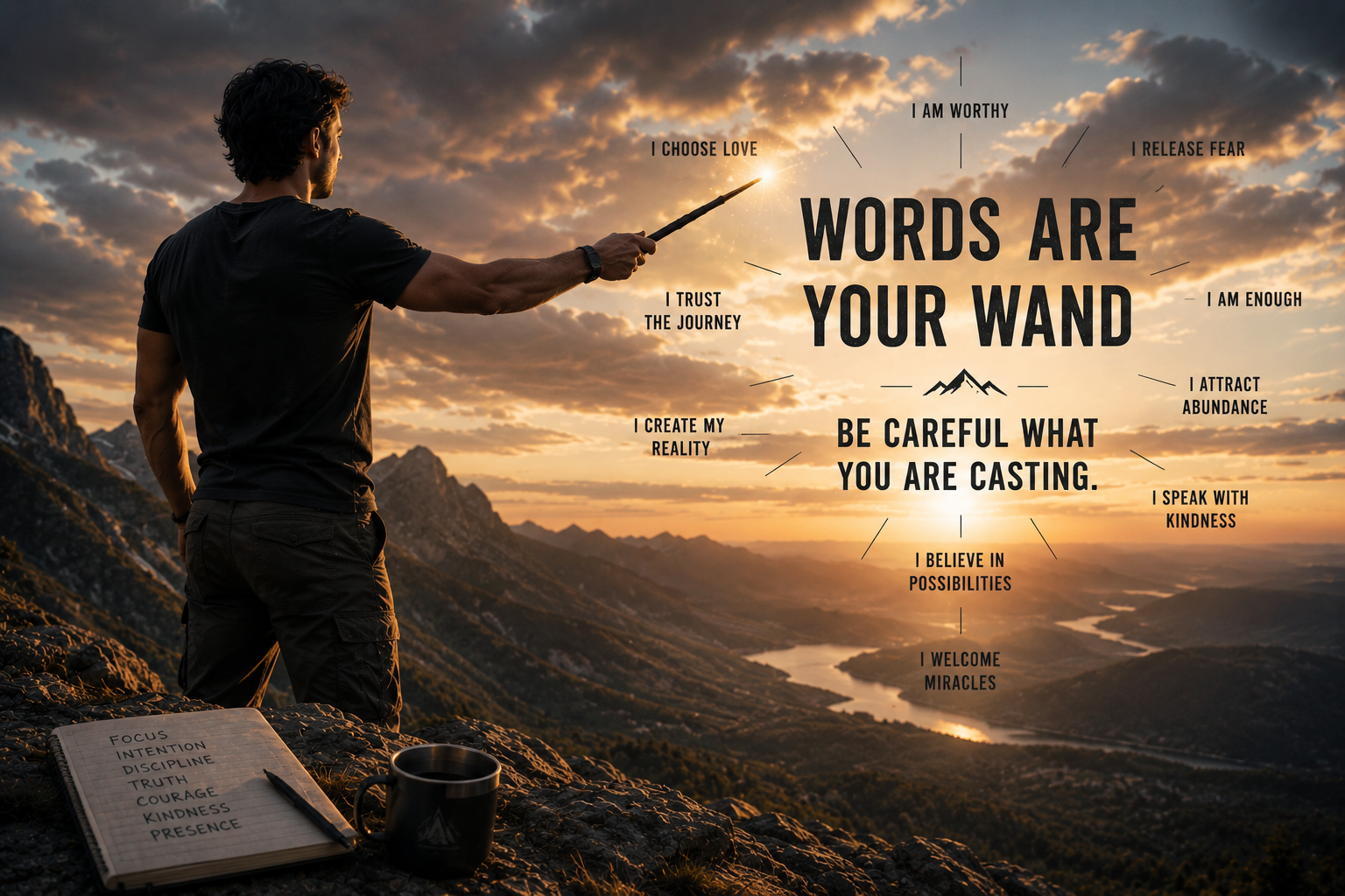 Man standing on a mountain overlook pointing a wand toward affirmations about intentional language, with the phrase “Words Are Your Wand” over a sunset valley.