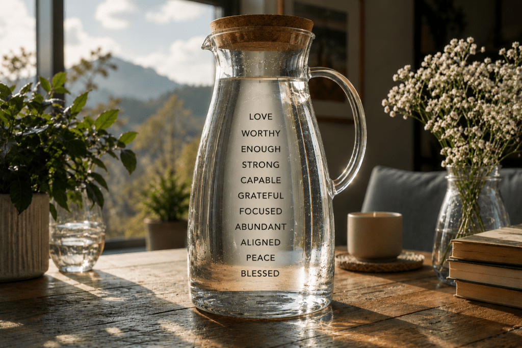 Glass pitcher of water labeled with positive affirmations like love, worthy, grateful, aligned, peace, and blessed, symbolizing intentional words and energy.