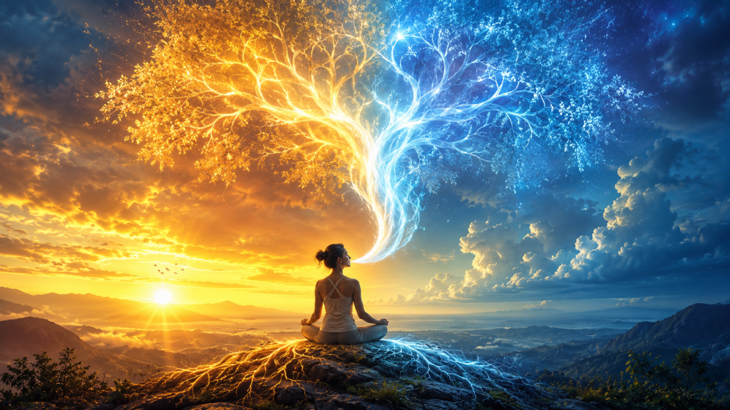 Meditating figure creating a glowing breath tree of blue and golden energy, symbolizing pranayama, conscious breathing, life force energy, nervous system balance, healing, mindfulness, and inner transformation.