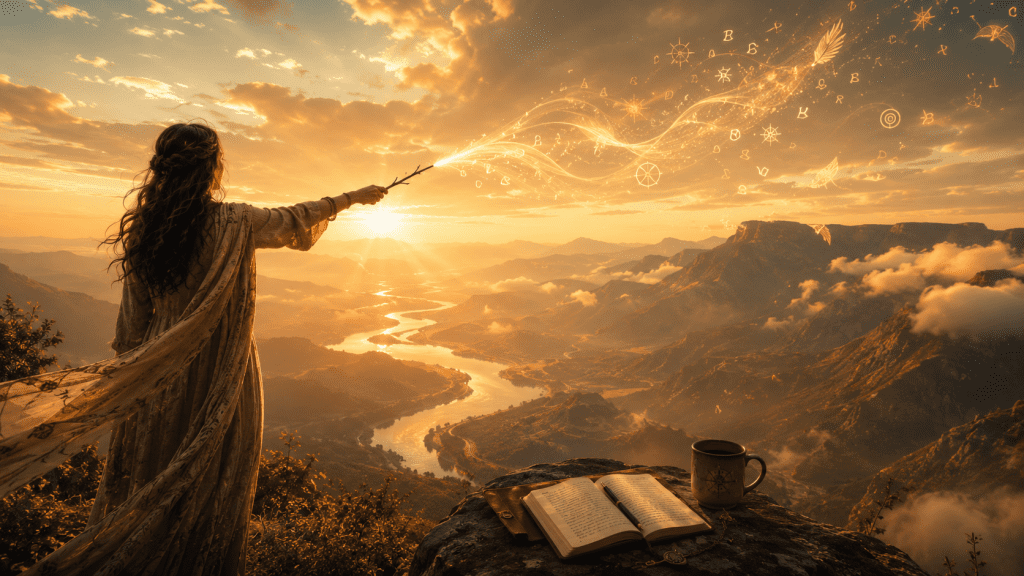 Person on a mountain overlook casting glowing words and symbols from a wand over a golden sunrise valley, representing the power of intentional language and affirmations.