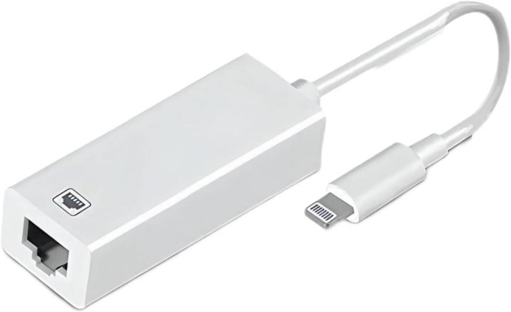 Lightning-to-Ethernet adapter allowing an iPhone to connect directly to wired internet without using Wi-Fi.