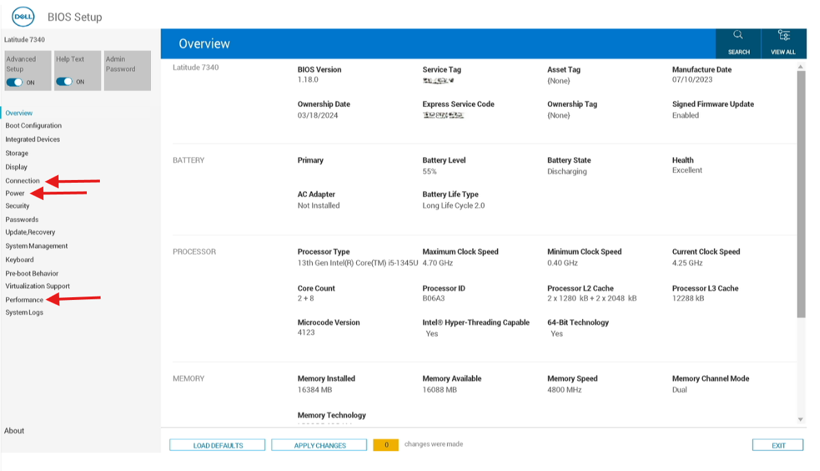 Computer BIOS setup screen highlighting wireless, power, and performance settings that can be adjusted before Windows loads.