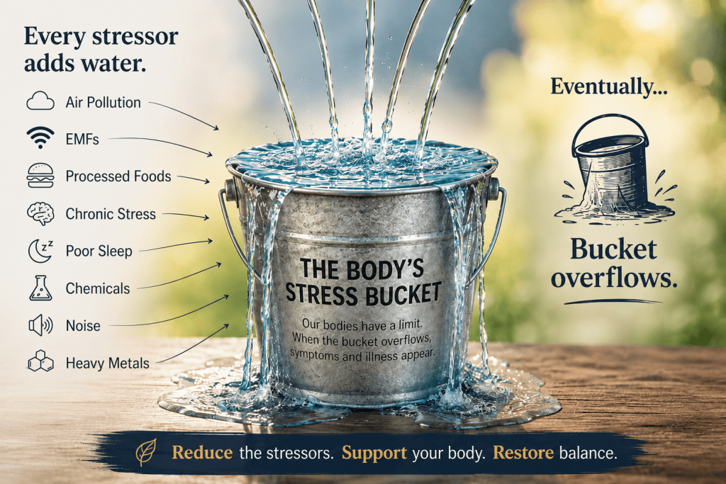 Infographic showing a bucket gradually filling with environmental stressors—including air pollution, EMFs, processed foods, chronic stress, poor sleep, chemicals, noise, and heavy metals—to illustrate how cumulative environmental burdens can influence the body's overall resilience and healing capacity.