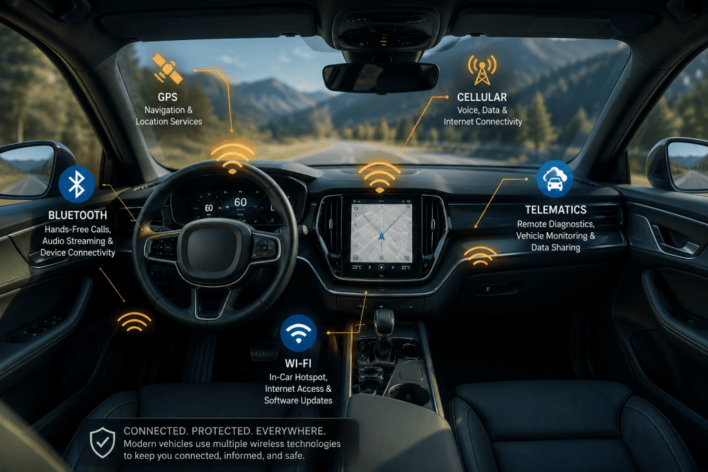 Modern vehicle interior highlighting onboard wireless technologies including Bluetooth, Wi-Fi, GPS, telematics, and cellular communication systems.