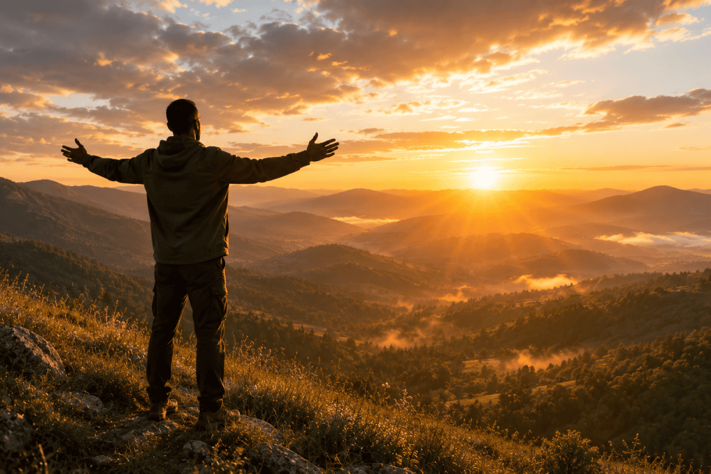 Person standing peacefully on a hill at sunrise, symbolizing reconnecting with nature and creating an environment that supports healing.