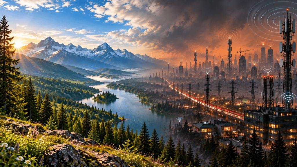 A landscape with cell towers, wireless signals, electronic devices, and environmental hazards and pollution slowly encroaching upon a natural, peaceful and serene environment.