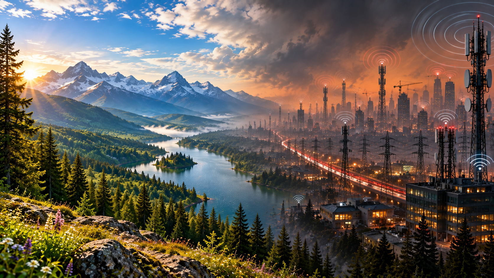 A landscape with cell towers, wireless signals, electronic devices, and environmental hazards and pollution slowly encroaching upon a natural, peaceful and serene environment.
