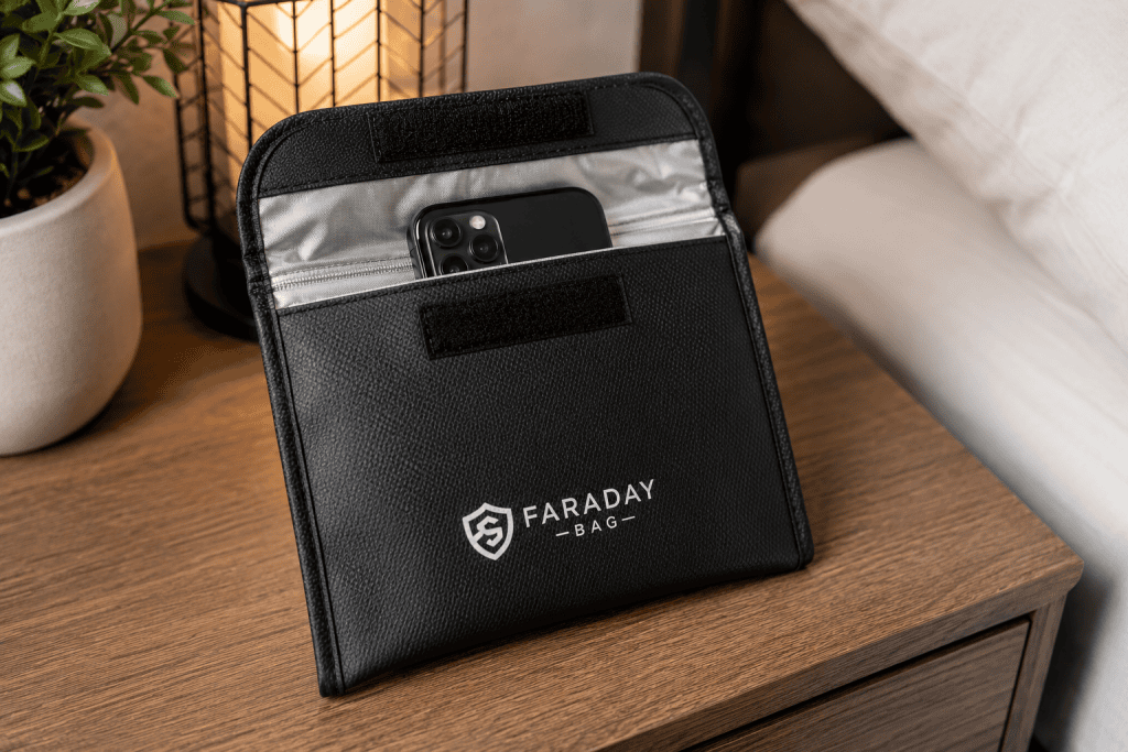 Smartphone stored inside a Faraday bag on a bedside table, symbolizing an intentional nighttime routine that minimizes wireless communication and supports a restful sleep environment.