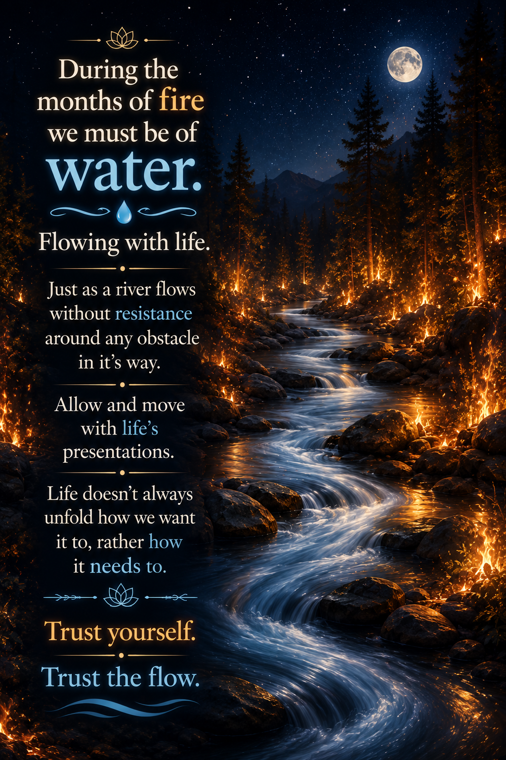 A moonlit mountain river flows gracefully through a forest at night as gentle flames line the riverbanks without disturbing the water. The contrast between flowing water and fire symbolizes resilience, acceptance, and moving peacefully through life's challenges. An inspirational quote encourages trusting oneself and flowing with life rather than resisting it.