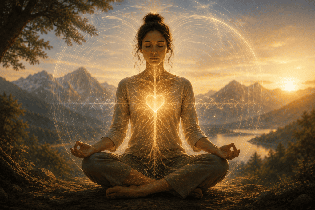 Peaceful person meditating outdoors with subtle radiant energy symbolizing inner coherence and emotional well-being.