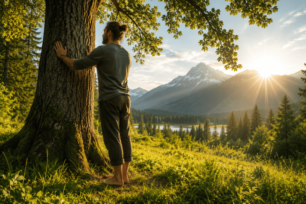 Person grounding barefoot in a natural landscape while touching a tree under morning sunlight.