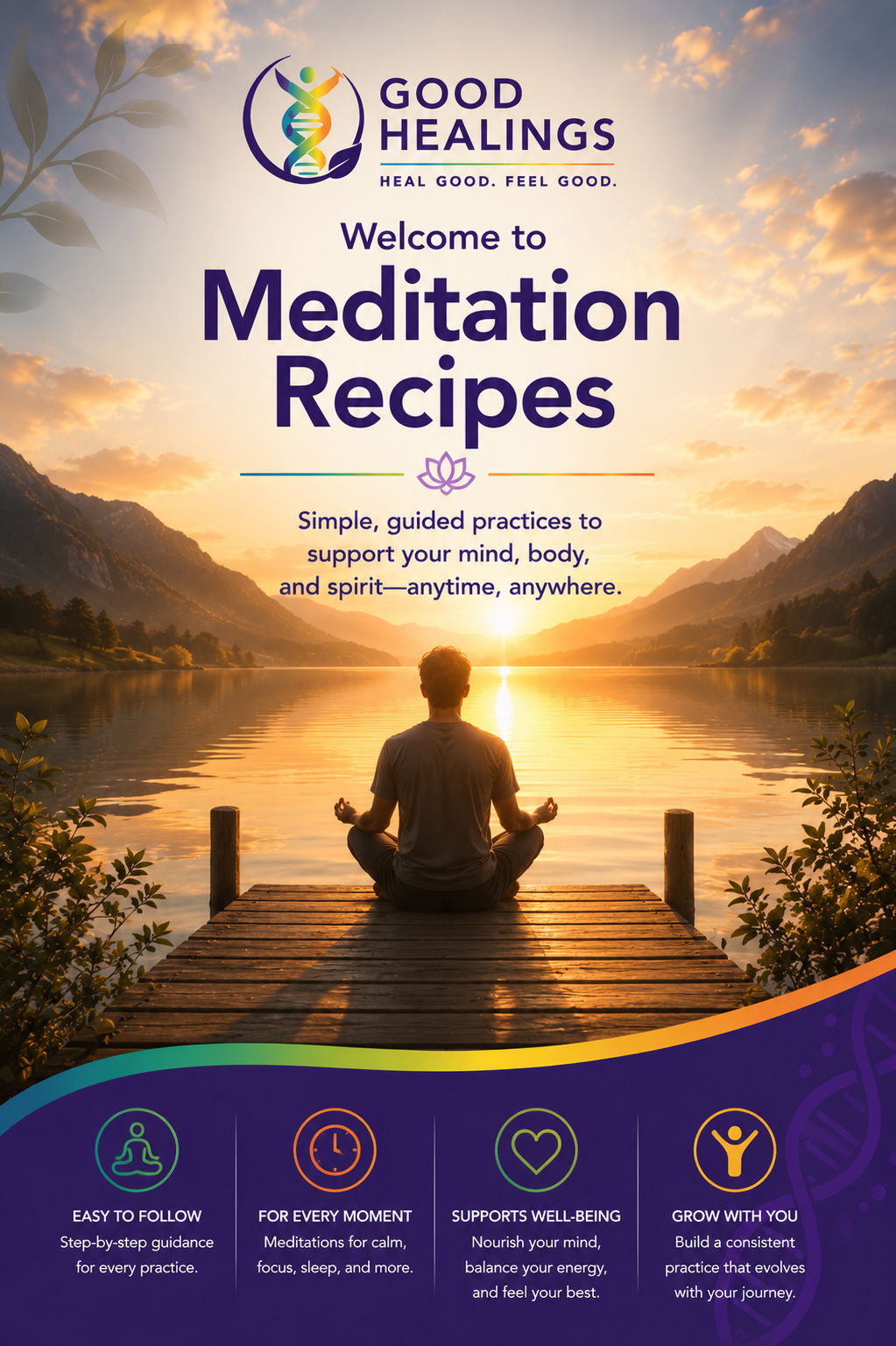 A peaceful meditation scene with a person seated on a cliff at sunrise overlooking a tranquil mountain lake, illuminated by glowing energy centers and surrounded by calming wellness imagery, inviting visitors to explore guided meditation recipes.