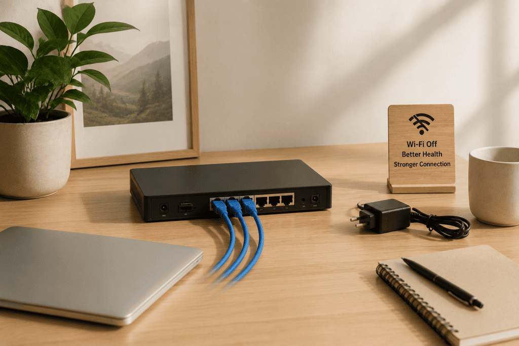 Home internet router connected with Ethernet cables and Wi-Fi disabled to reduce wireless exposure.
