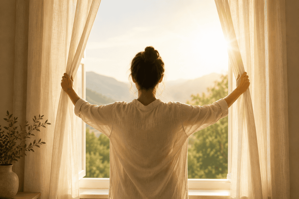 Person opening curtains to welcome natural morning light, symbolizing awareness and healthier daily habits.