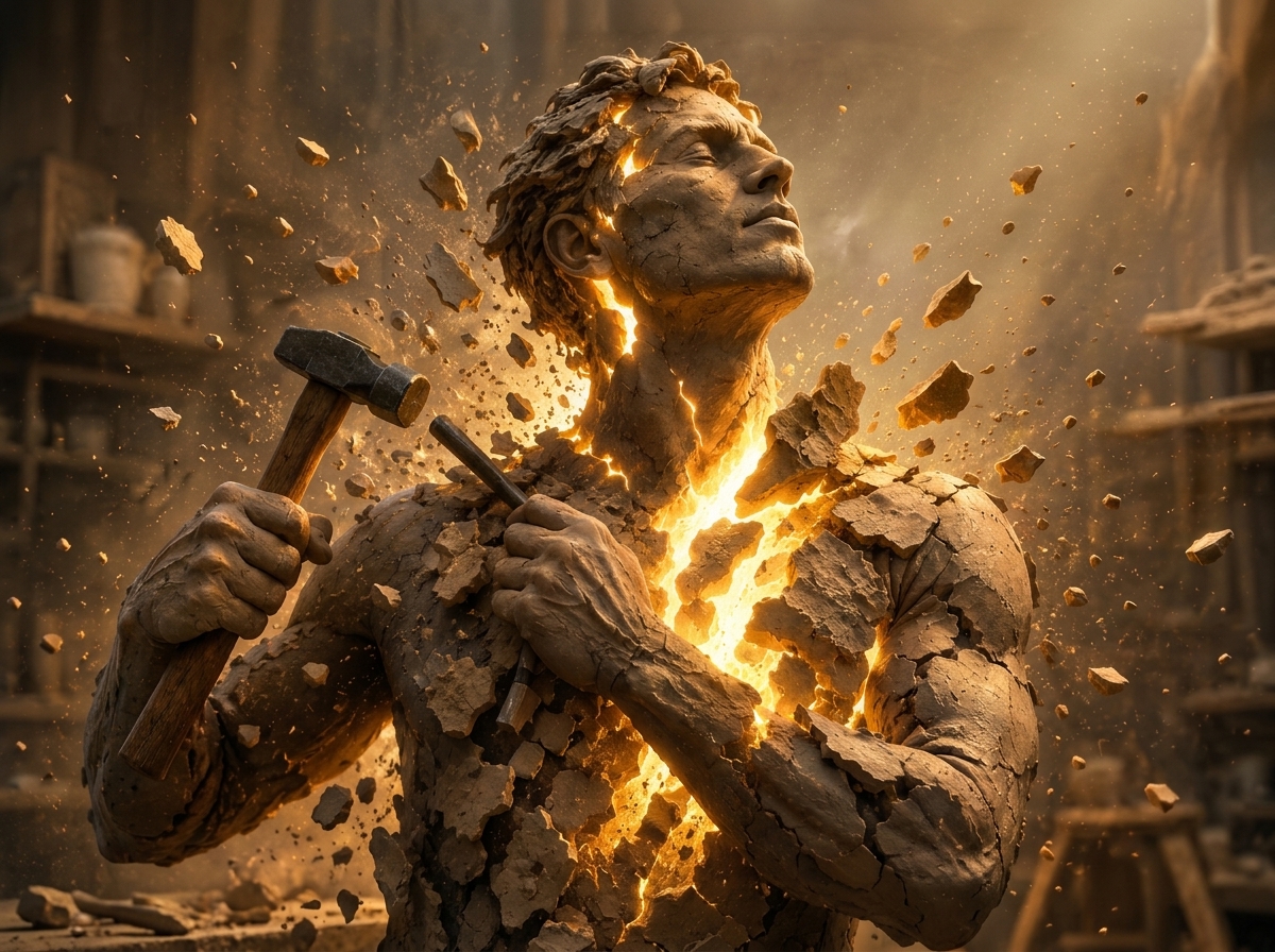 A cracked clay human figure shedding its outer shell as golden light radiates from within, representing healing, personal growth, inner transformation, and authentic living.