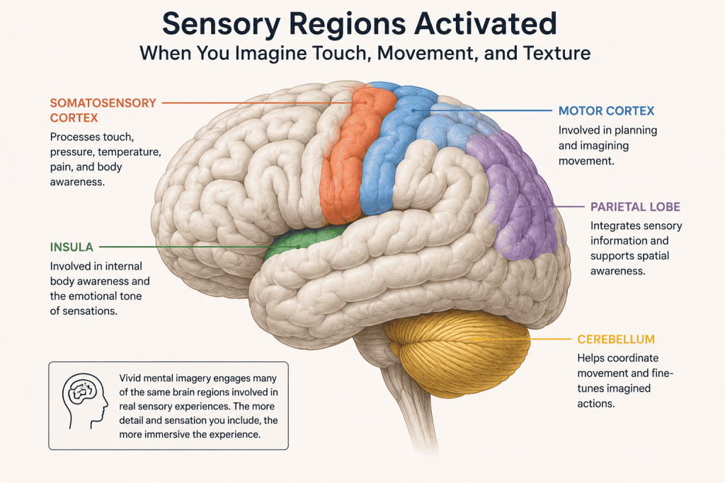 Diagram of the human brain highlighting sensory regions involved in mental imagery, touch, movement, texture, and proprioception, illustrating how visualization can engage sensory processing during meditation and mindfulness practices.