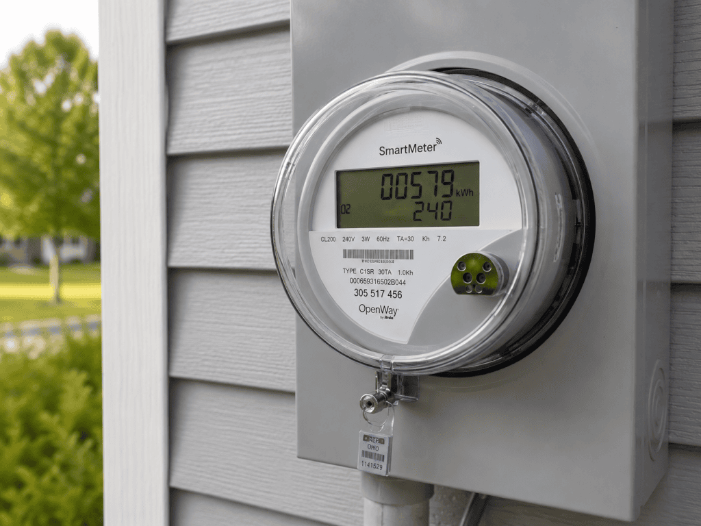 Residential smart electric meter mounted on an exterior wall that communicates wirelessly with the utility company.