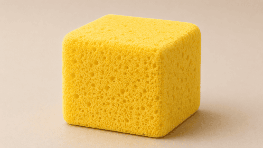 A soft yellow sponge-textured cube with rounded edges resting on a clean beige surface, viewed from an angle to highlight its three-dimensional shape and porous texture.