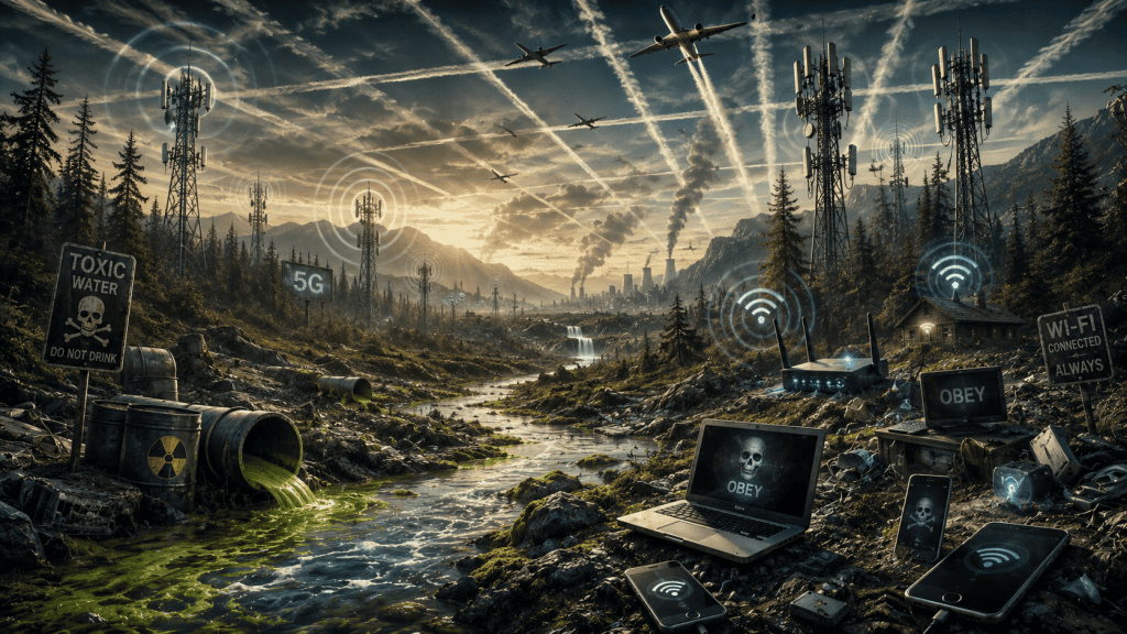 Illustration of a polluted natural landscape featuring cell towers, Wi-Fi signals, smartphones, computers, toxic waterways, and aircraft contrails overhead, symbolizing the impact of modern technology and environmental pollution on human health and nature.