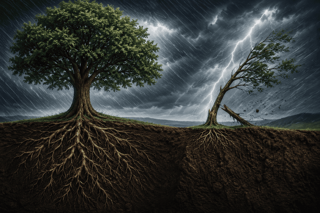 Healthy tree with deep roots remaining strong during a storm, symbolizing resilience, health, and a strong biological foundation.
