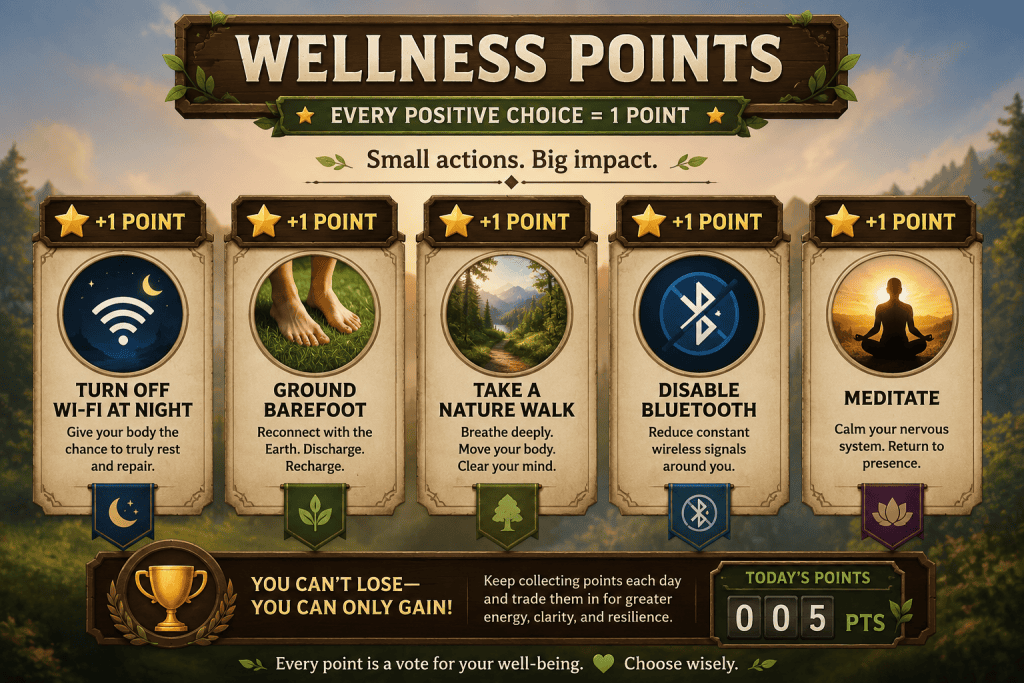 Wellness points infographic illustrating simple daily habits that reduce environmental stress and support overall well-being.