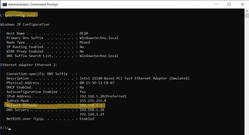 Windows Command Prompt displaying the Default Gateway address used to locate router configuration settings.