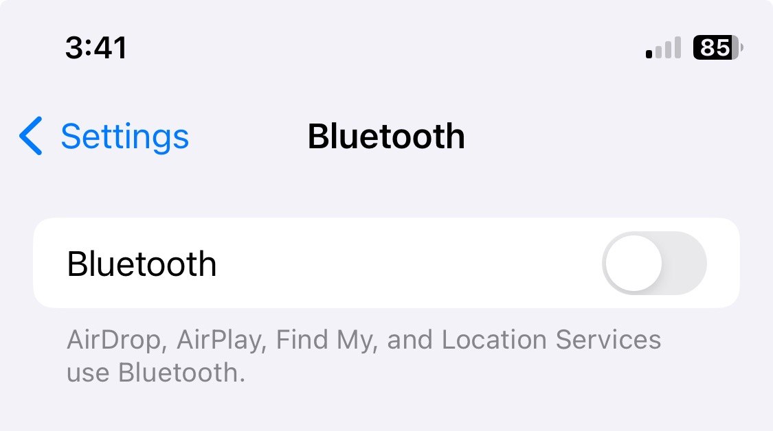 Phone Bluetooth settings screen with Bluetooth fully disabled from the device settings menu.