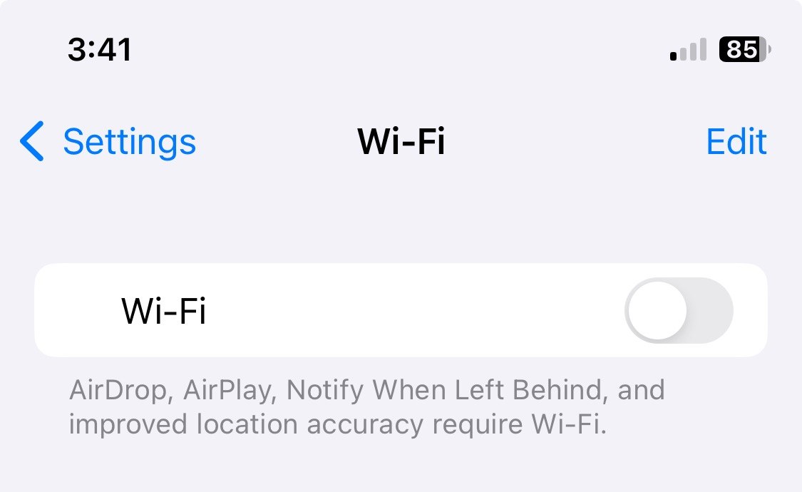 iPhone Wi-Fi settings screen showing wireless networking completely turned off from system settings.