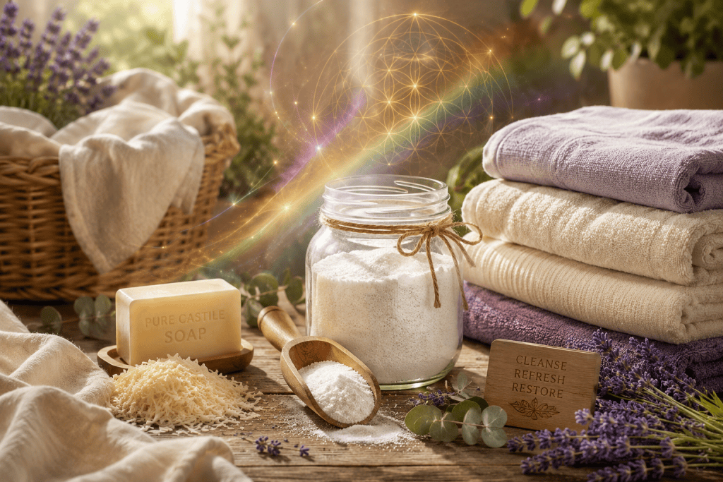 Homemade non-toxic laundry detergent with Castile soap, natural cleaning ingredients, folded towels, lavender, and greenery.